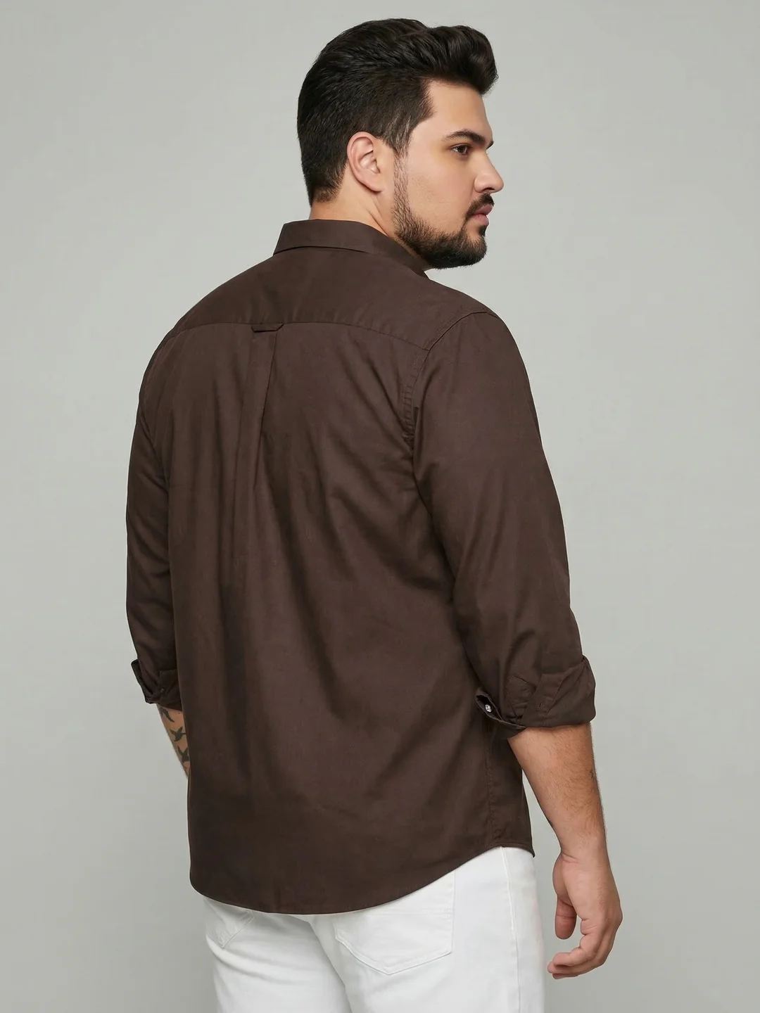Plus Men's Brown Cotton Full Sleeve Regular Fit Solid Oxford Shirt With Button-Down Collar - Image 3