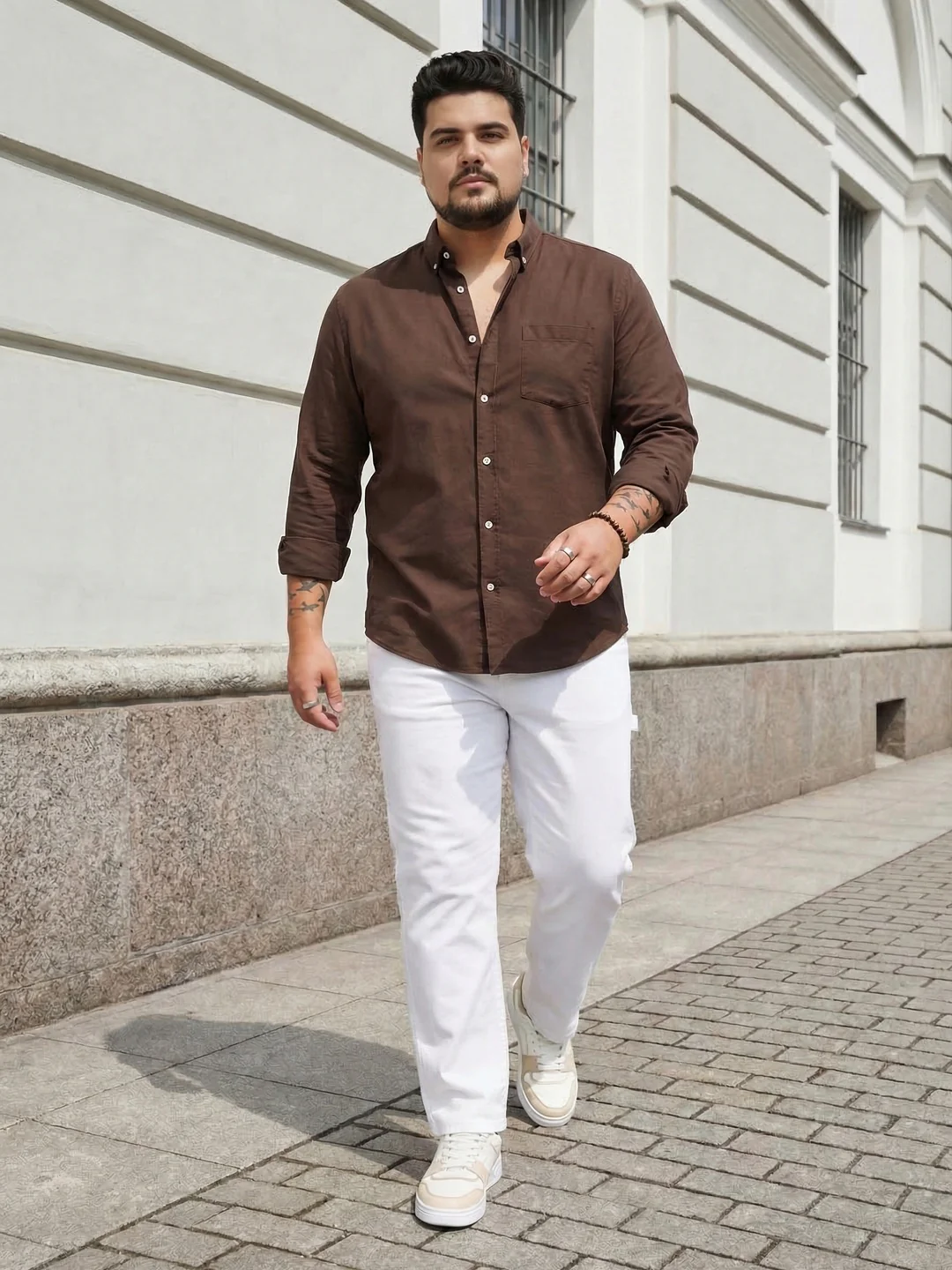 Plus Men's Brown Cotton Full Sleeve Regular Fit Solid Oxford Shirt With Button-Down Collar - Image 4
