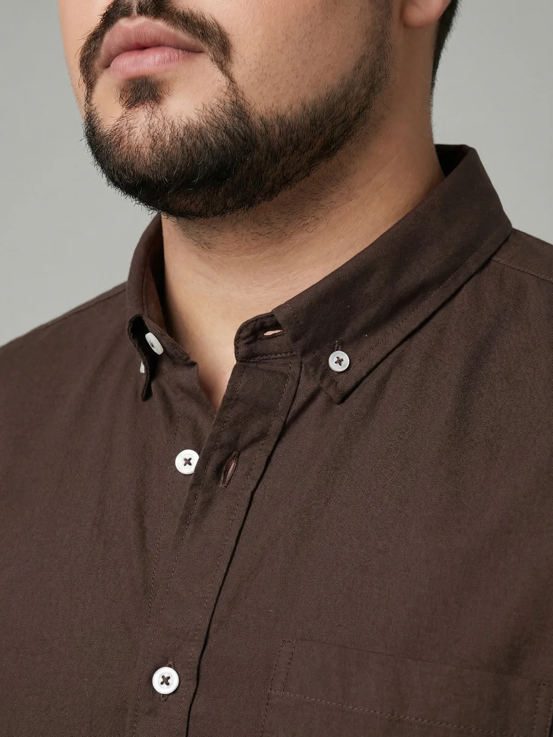 Plus Men's Brown Cotton Full Sleeve Regular Fit Solid Oxford Shirt With Button-Down Collar - Image 5