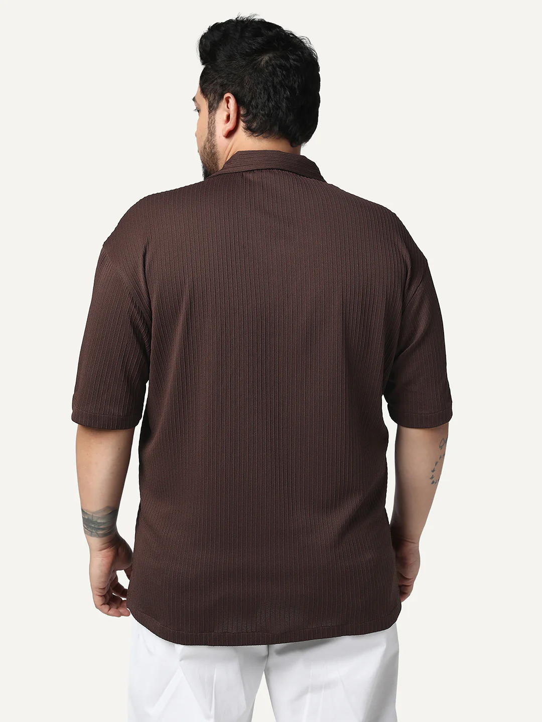 Plus Men's Brown Cotton Half Sleeve Oversized Fit Textured Shirt with Cuban Collar - Image 3