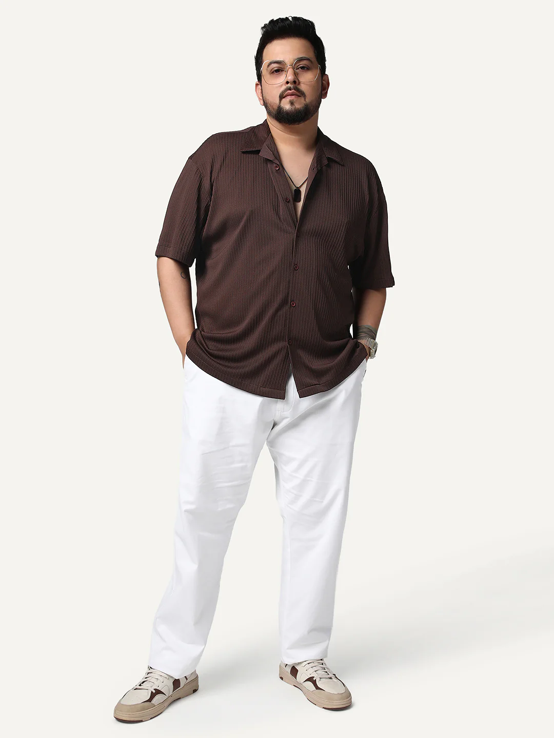 Plus Men's Brown Cotton Half Sleeve Oversized Fit Textured Shirt with Cuban Collar - Image 4
