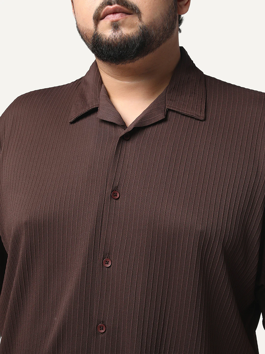 Plus Men's Brown Cotton Half Sleeve Oversized Fit Textured Shirt with Cuban Collar - Image 5