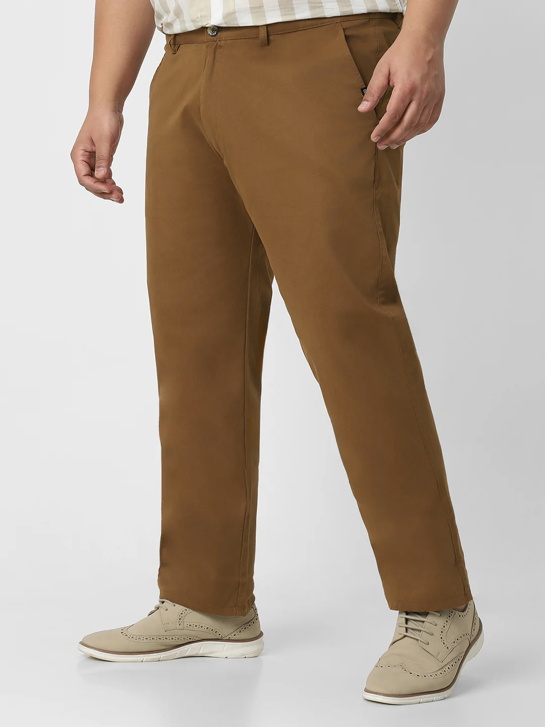 Plus Men's Brown Cotton Regular Fit Casual Chino Pants Stretch - Image 3