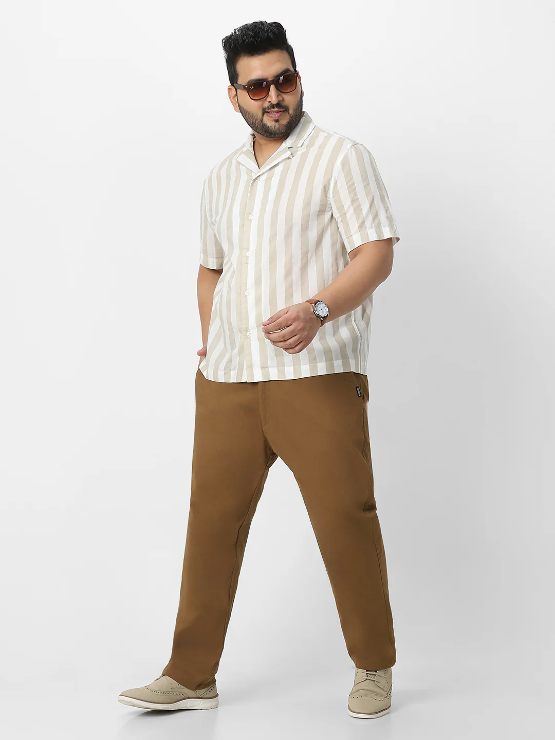 Plus Men's Brown Cotton Regular Fit Casual Chino Pants Stretch - Image 5