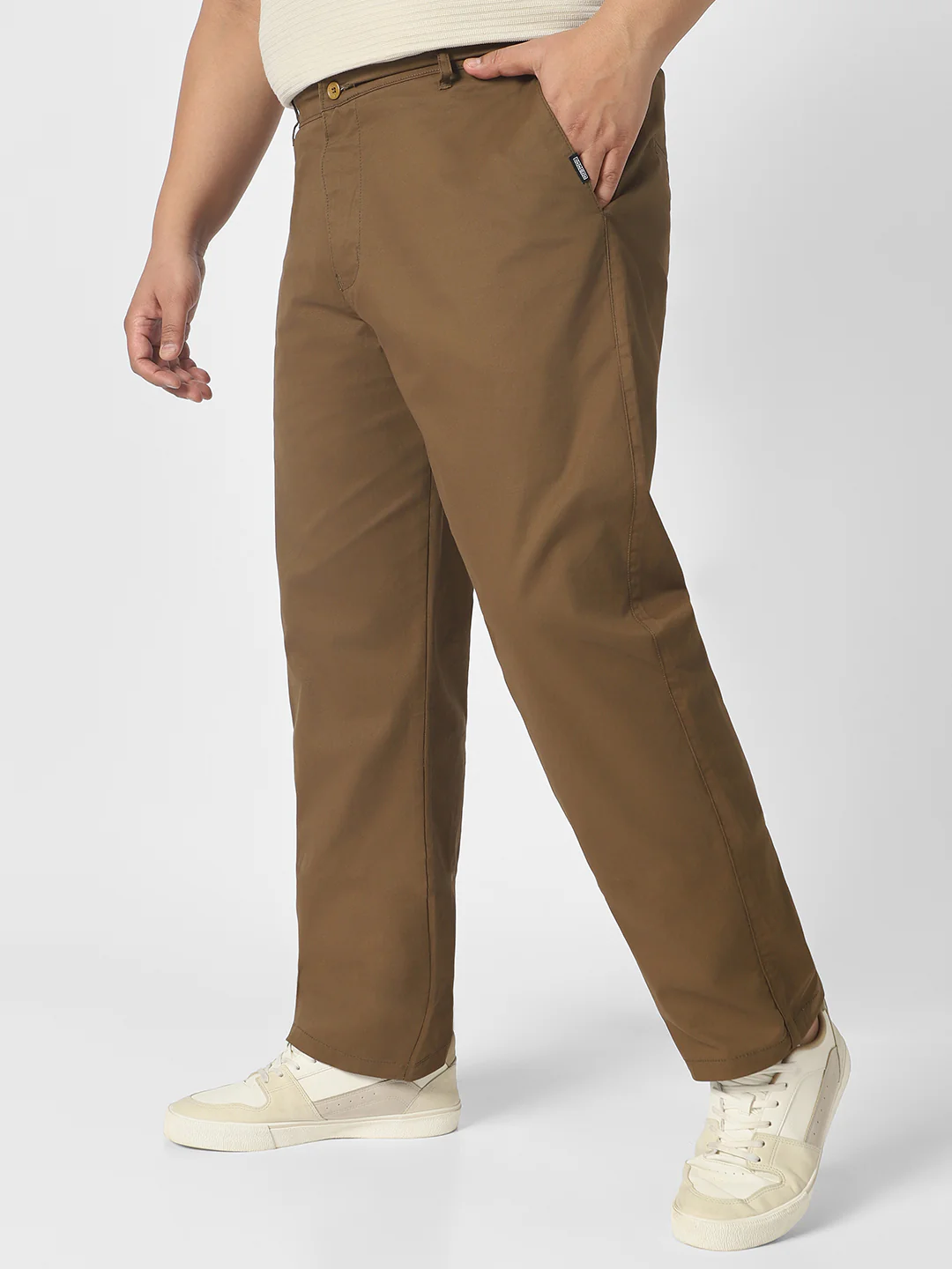 Plus Men's Brown Cotton Regular Fit Casual Chinos Trousers Stretch - Image 2