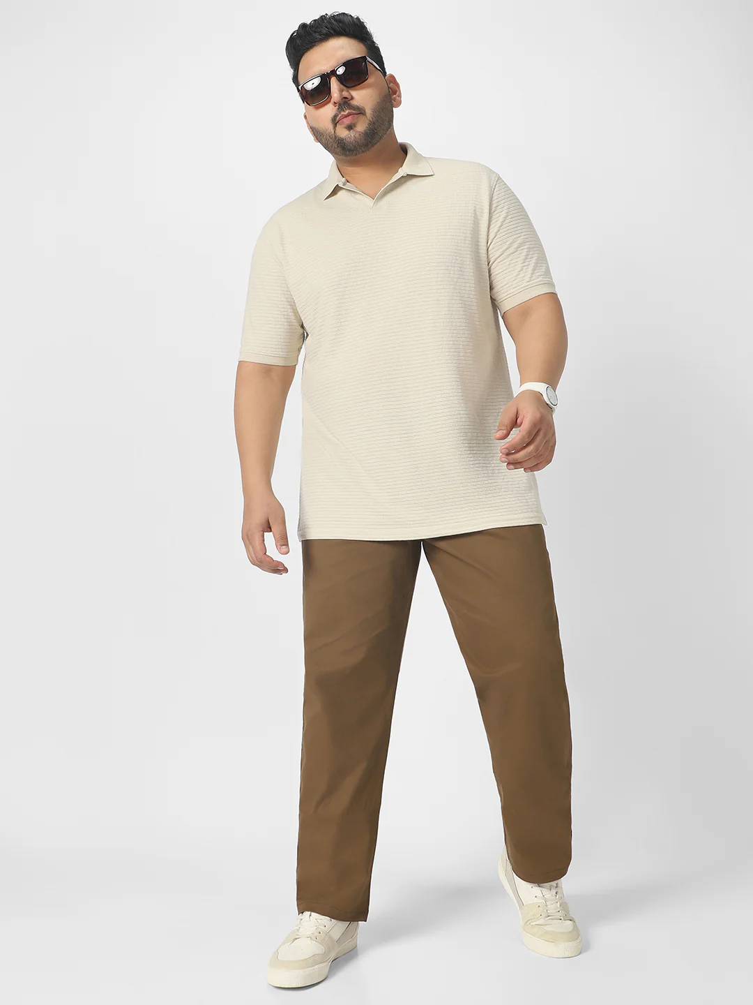 Plus Men's Brown Cotton Regular Fit Casual Chinos Trousers Stretch - Image 4