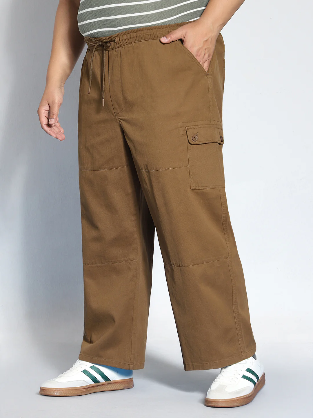 Plus Men's Brown Loose Baggy Fit Cargo Jogger Chino Pant with 6 Pockets Stretchable - Image 2