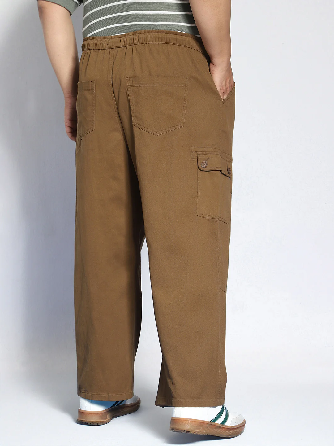 Plus Men's Brown Loose Baggy Fit Cargo Jogger Chino Pant with 6 Pockets Stretchable - Image 3