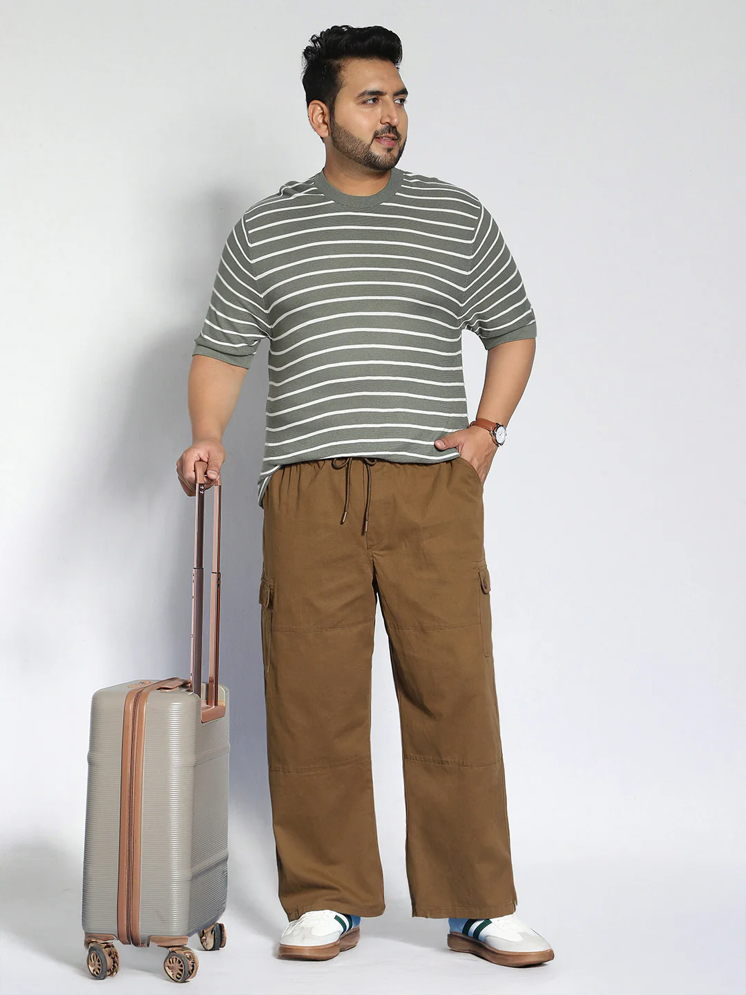 Plus Men's Brown Loose Baggy Fit Cargo Jogger Chino Pant with 6 Pockets Stretchable - Image 4