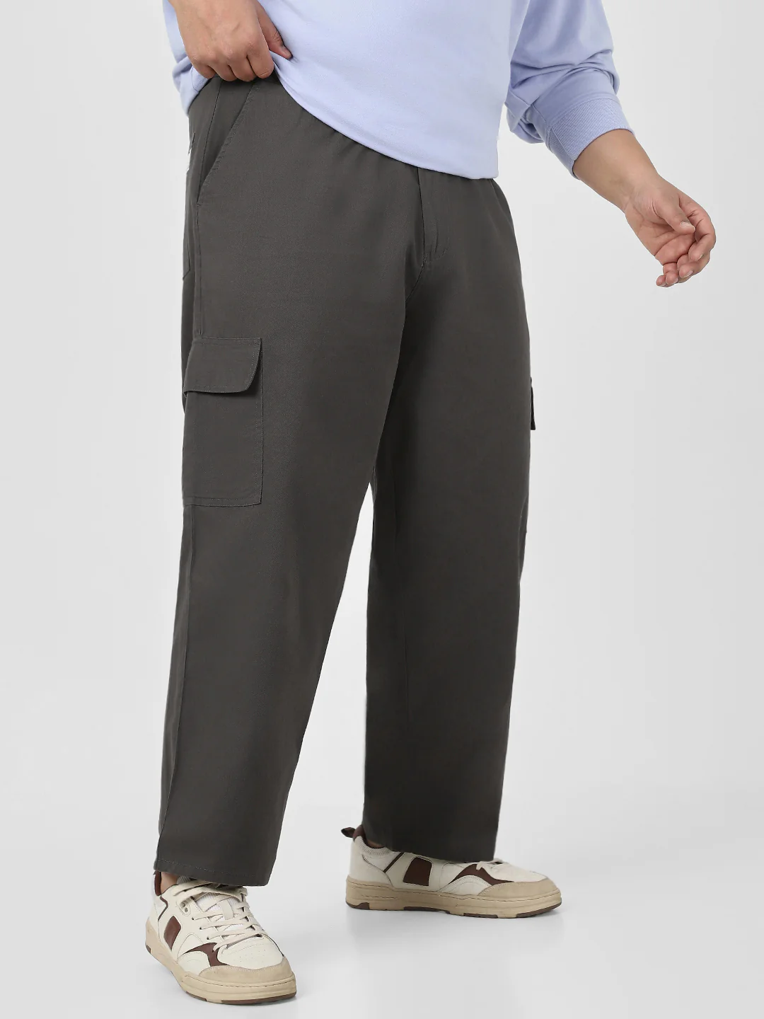 Plus Men's Brown Loose Baggy Fit Solid Cargo Chino Pant with 6 Pockets Non-Stretchable