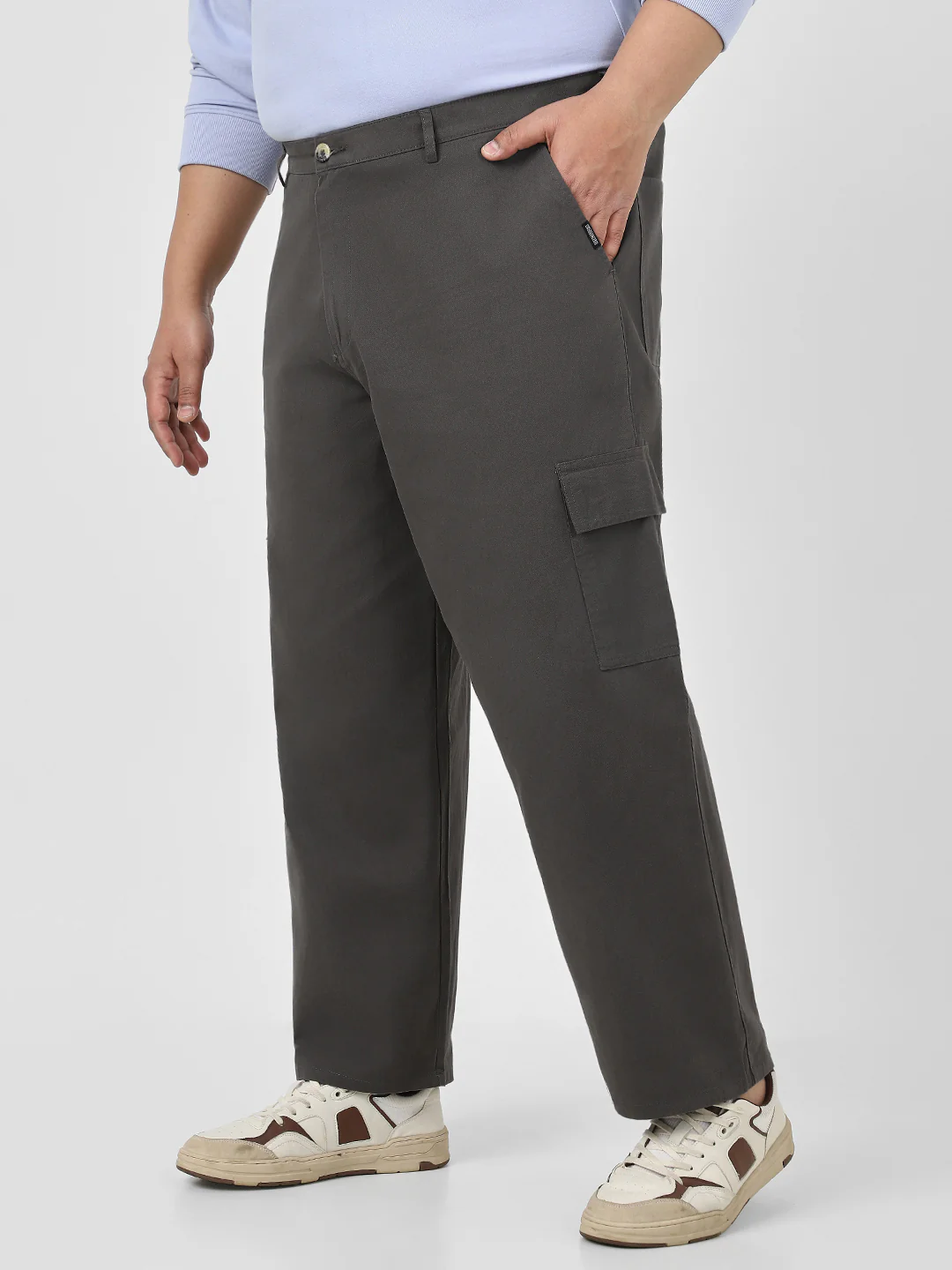 Plus Men's Brown Loose Baggy Fit Solid Cargo Chino Pant with 6 Pockets Non-Stretchable - Image 2