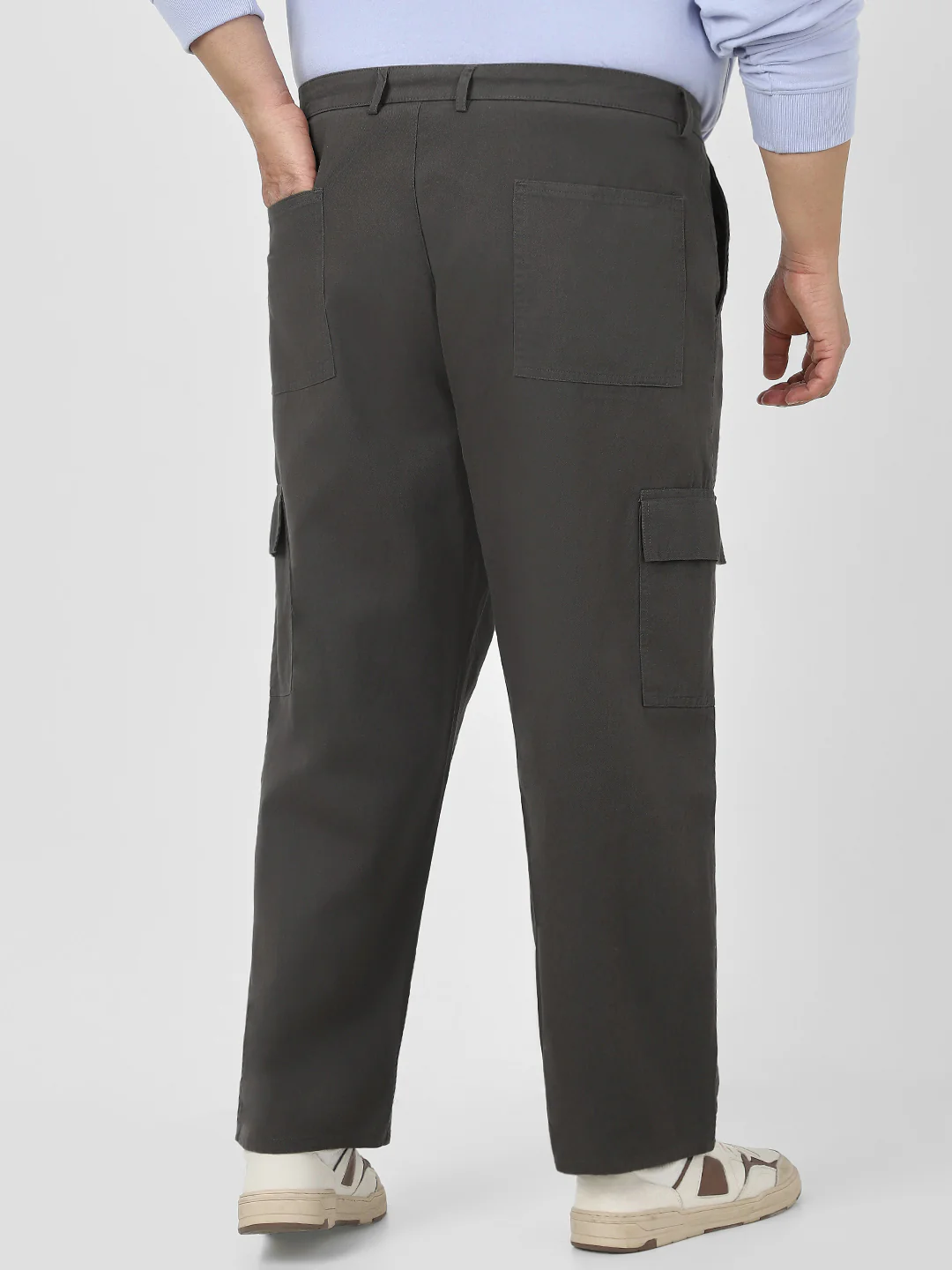 Plus Men's Brown Loose Baggy Fit Solid Cargo Chino Pant with 6 Pockets Non-Stretchable - Image 3