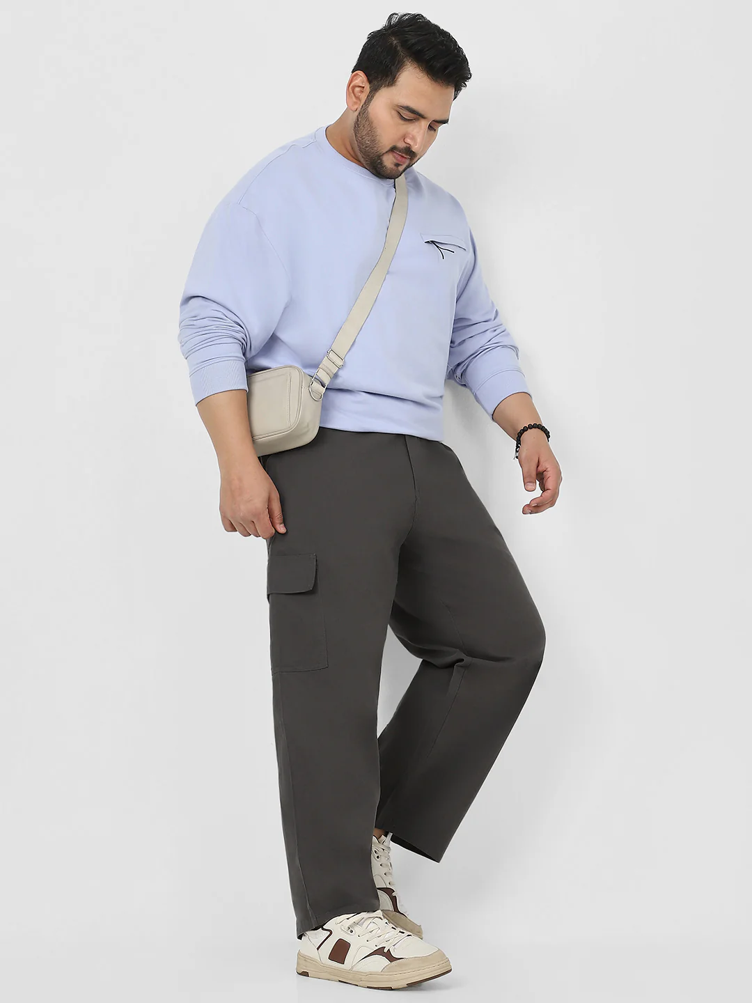 Plus Men's Brown Loose Baggy Fit Solid Cargo Chino Pant with 6 Pockets Non-Stretchable - Image 4