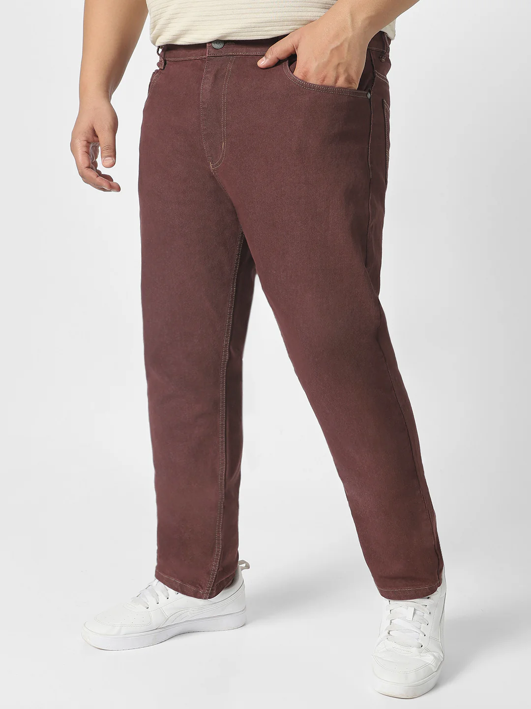 Plus Men's Brown Regular Fit Denim Jeans Stretchable - Image 3