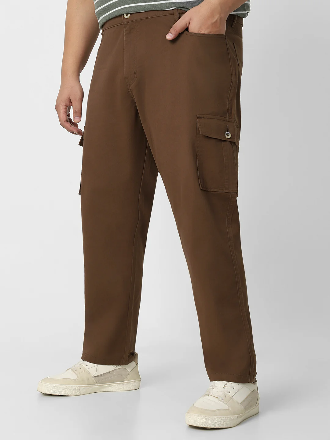 Plus Men's Brown Regular Fit Solid Cargo Chino Pant with 6 Pockets Stretchable - Image 2