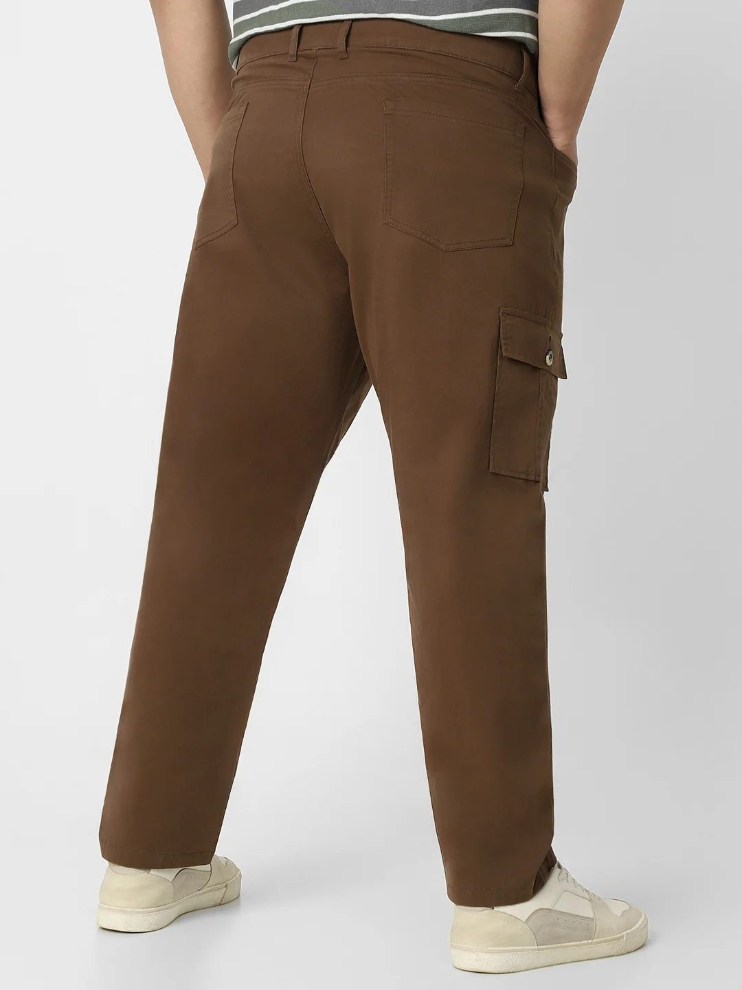 Plus Men's Brown Regular Fit Solid Cargo Chino Pant with 6 Pockets Stretchable - Image 3