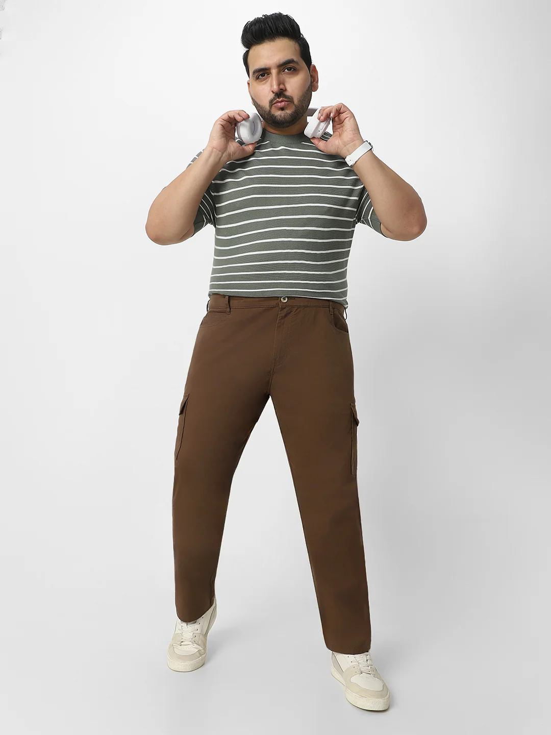 Plus Men's Brown Regular Fit Solid Cargo Chino Pant with 6 Pockets Stretchable - Image 4