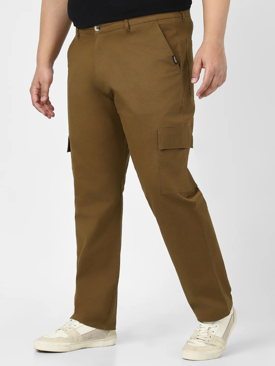 Plus Men's Brown Regular Fit Solid Cargo Chino Pant with 6 Pockets Stretchable - Image 2