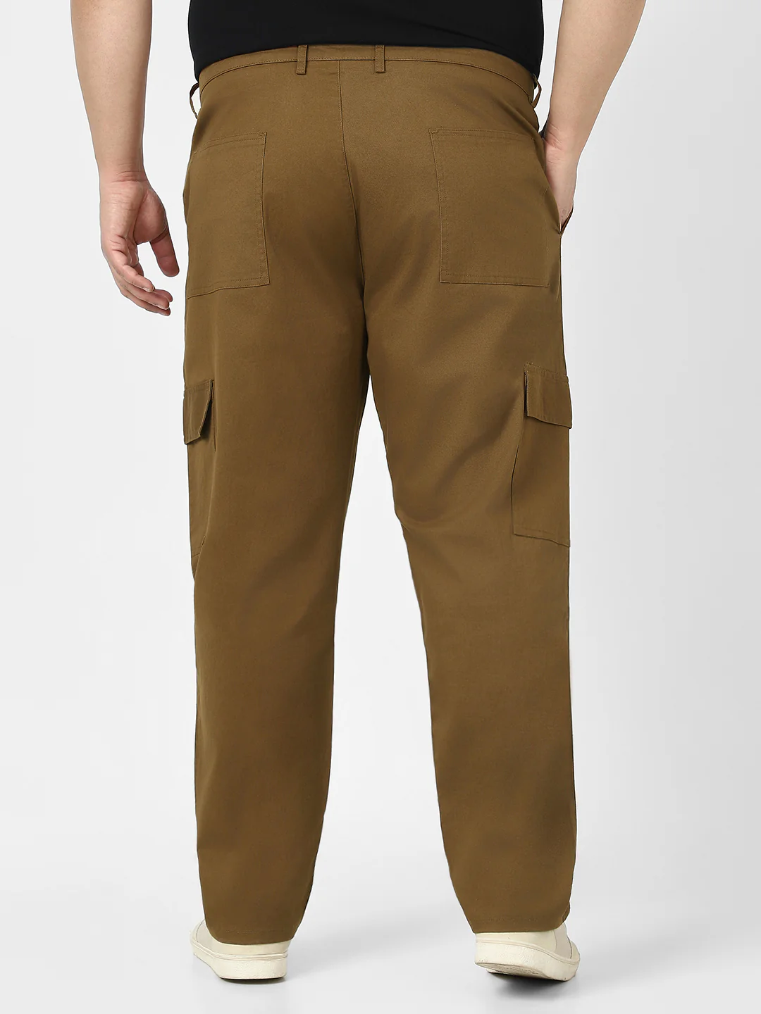 Plus Men's Brown Regular Fit Solid Cargo Chino Pant with 6 Pockets Stretchable - Image 3