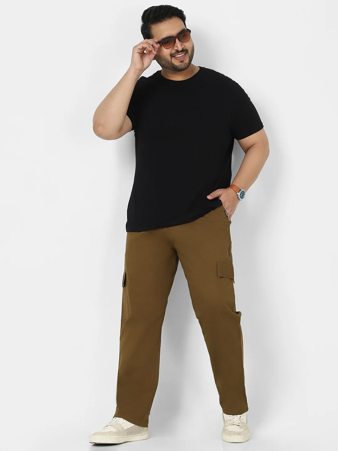 Plus Men's Brown Regular Fit Solid Cargo Chino Pant with 6 Pockets Stretchable - Image 4