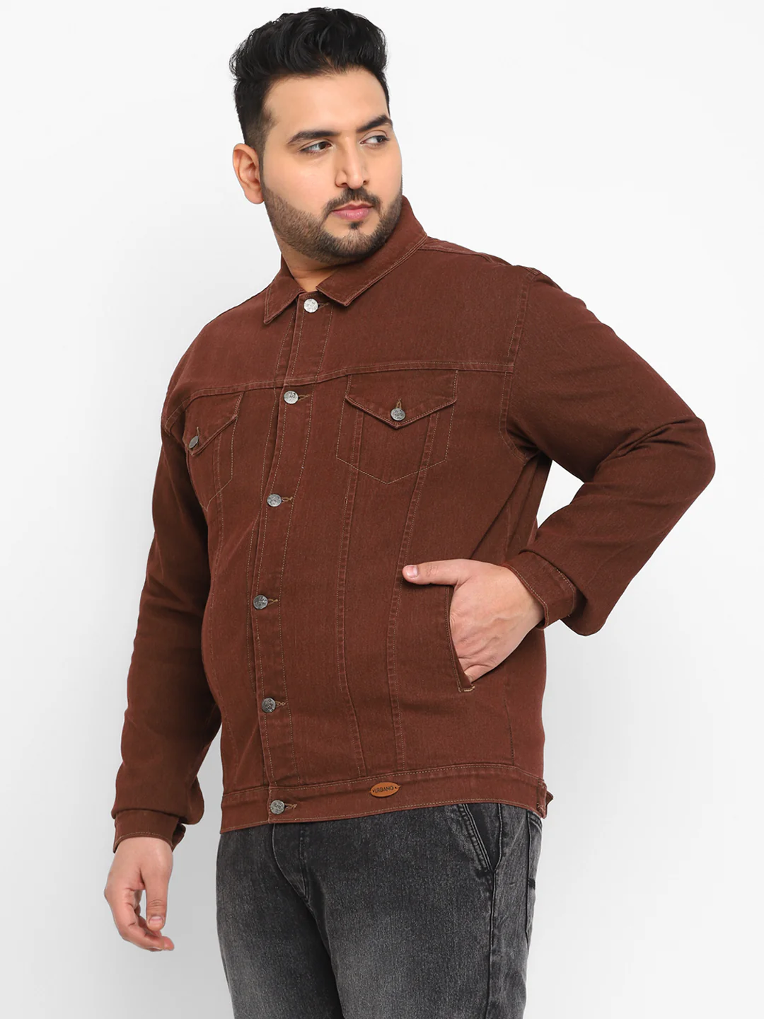 Plus Men's Brown Regular Fit Washed Full Sleeve Denim Jacket - Image 3