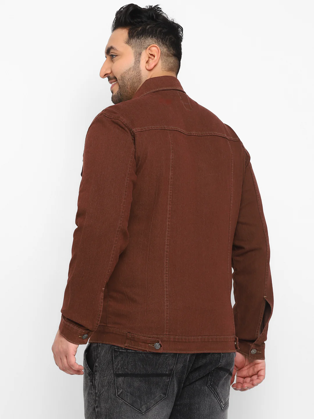 Plus Men's Brown Regular Fit Washed Full Sleeve Denim Jacket - Image 4