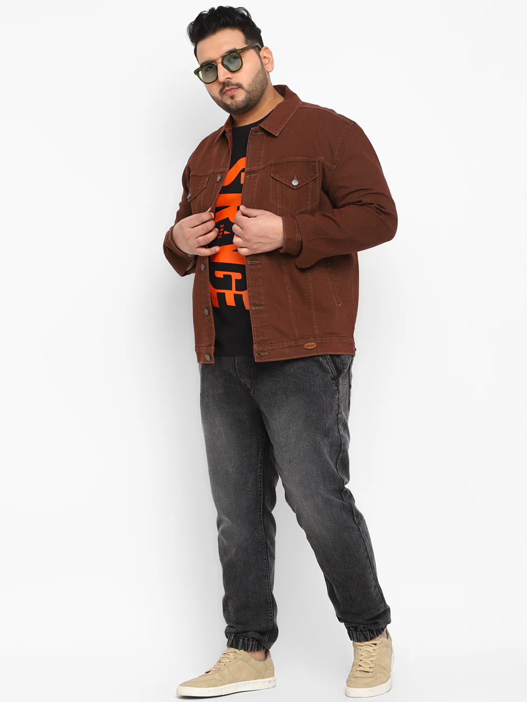 Plus Men's Brown Regular Fit Washed Full Sleeve Denim Jacket - Image 5