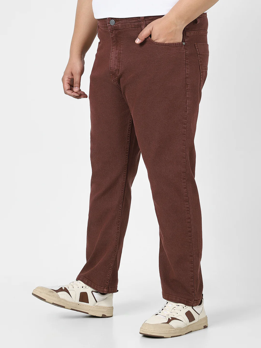 Plus Men's Brown Straight Fit Washed Jeans Stretchable - Image 2