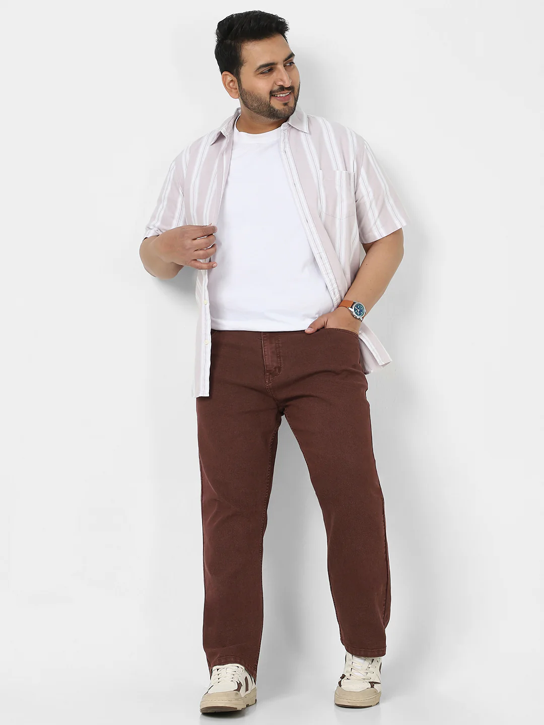 Plus Men's Brown Straight Fit Washed Jeans Stretchable - Image 4