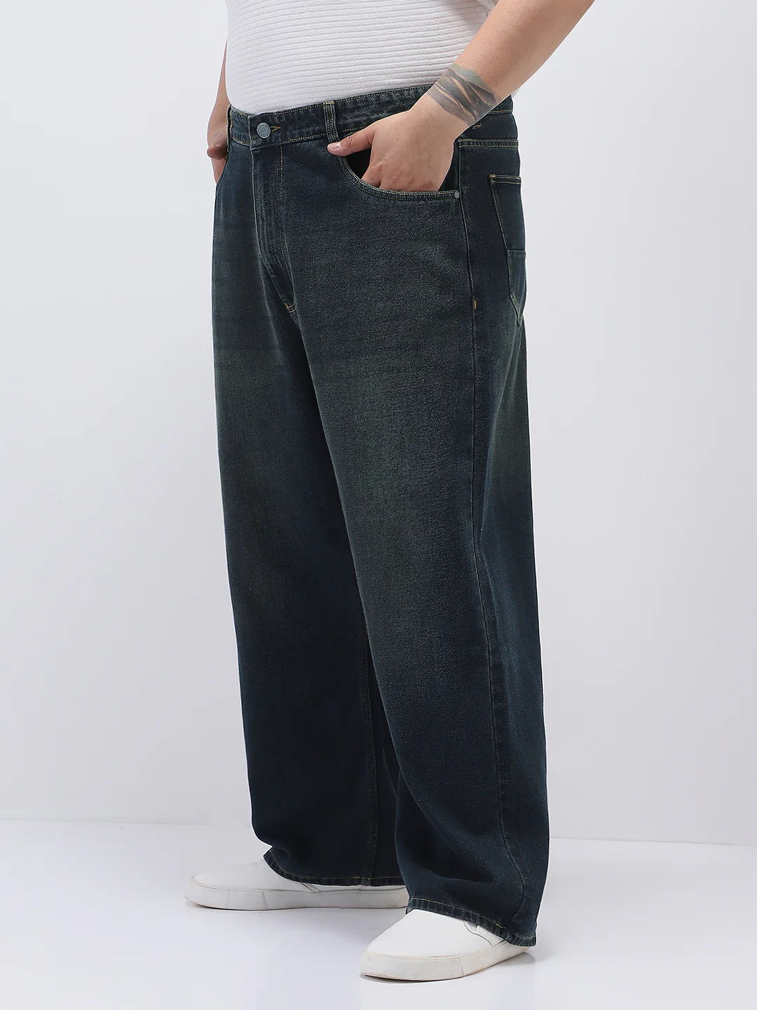 Plus Men's Carbon Blue Loose Baggy Fit Heavy Washed Jeans Non-Stretchable - Image 2