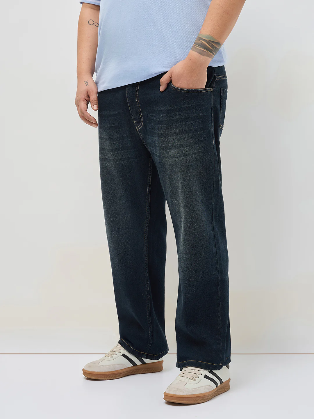 Plus Men's Carbon Blue Regular Fit Whisker Washed Yellow Tint Denim Jeans Stretchable - Image 2