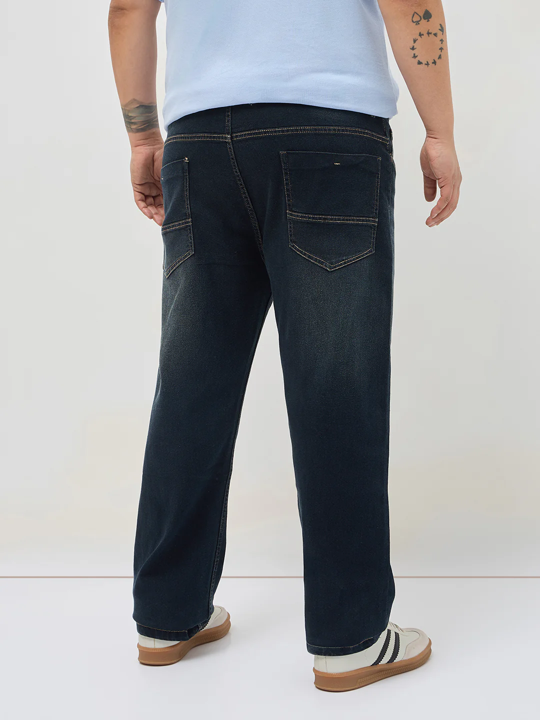 Plus Men's Carbon Blue Regular Fit Whisker Washed Yellow Tint Denim Jeans Stretchable - Image 3