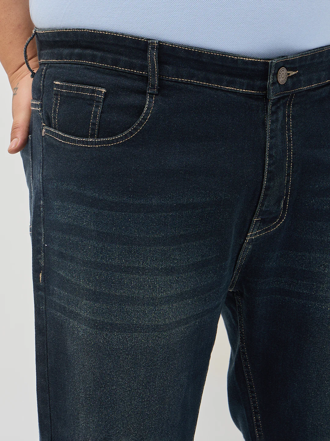 Plus Men's Carbon Blue Regular Fit Whisker Washed Yellow Tint Denim Jeans Stretchable - Image 5