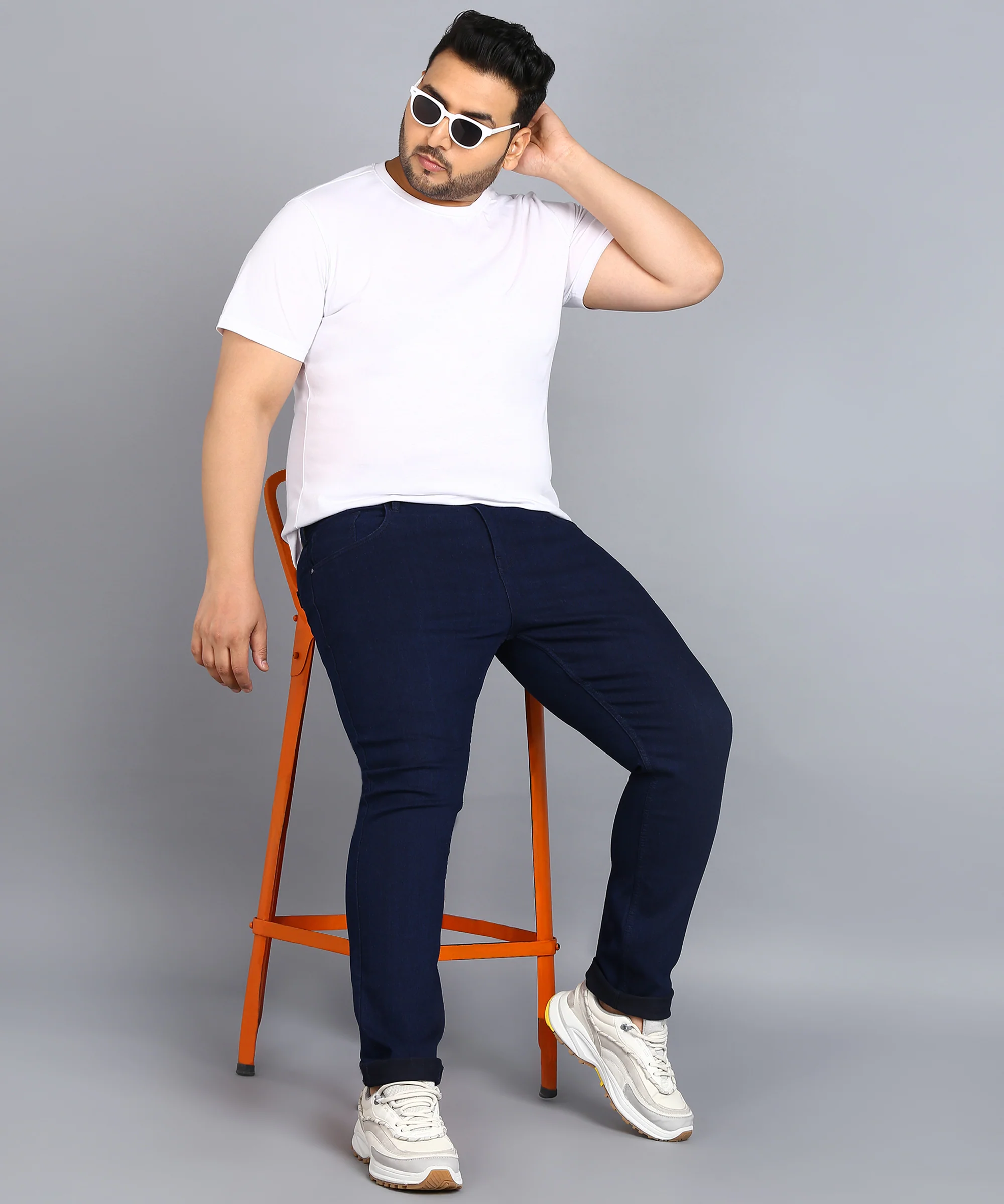 Plus Men's Carbon Blue Regular Fit Washed Jeans Stretchable - Image 4