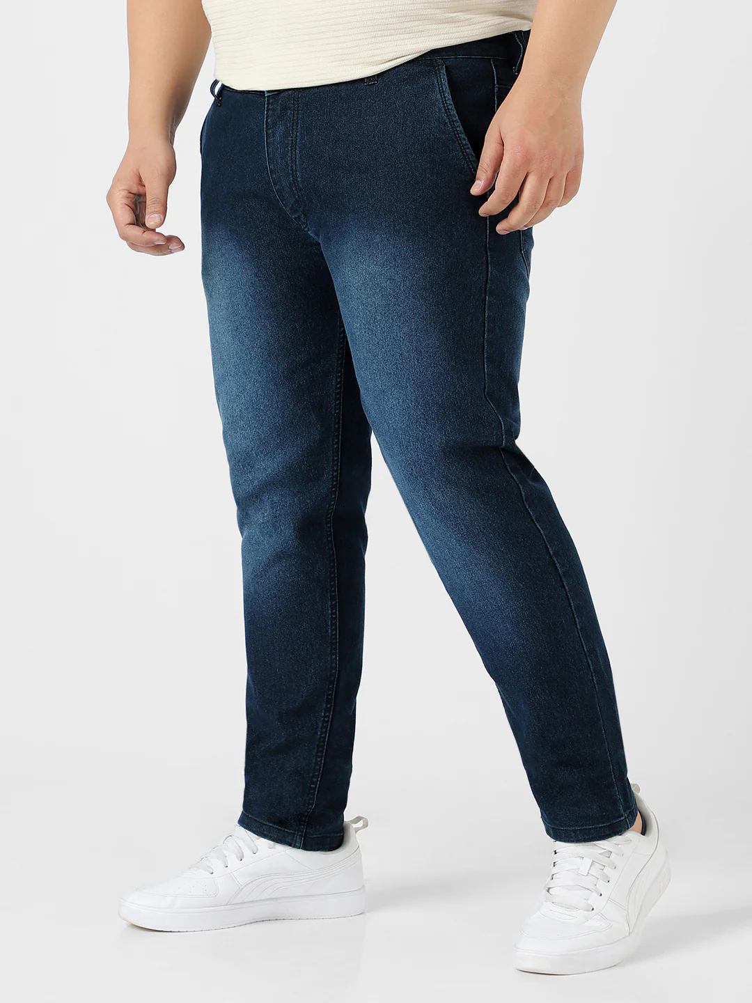 Plus Men's Carbon Blue Regular Fit Washed Jeans Stretchable - Image 2