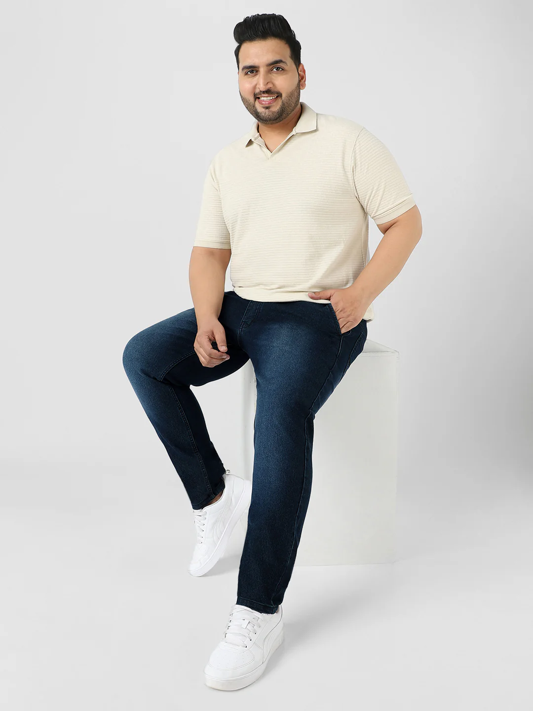 Plus Men's Carbon Blue Regular Fit Washed Jeans Stretchable - Image 4