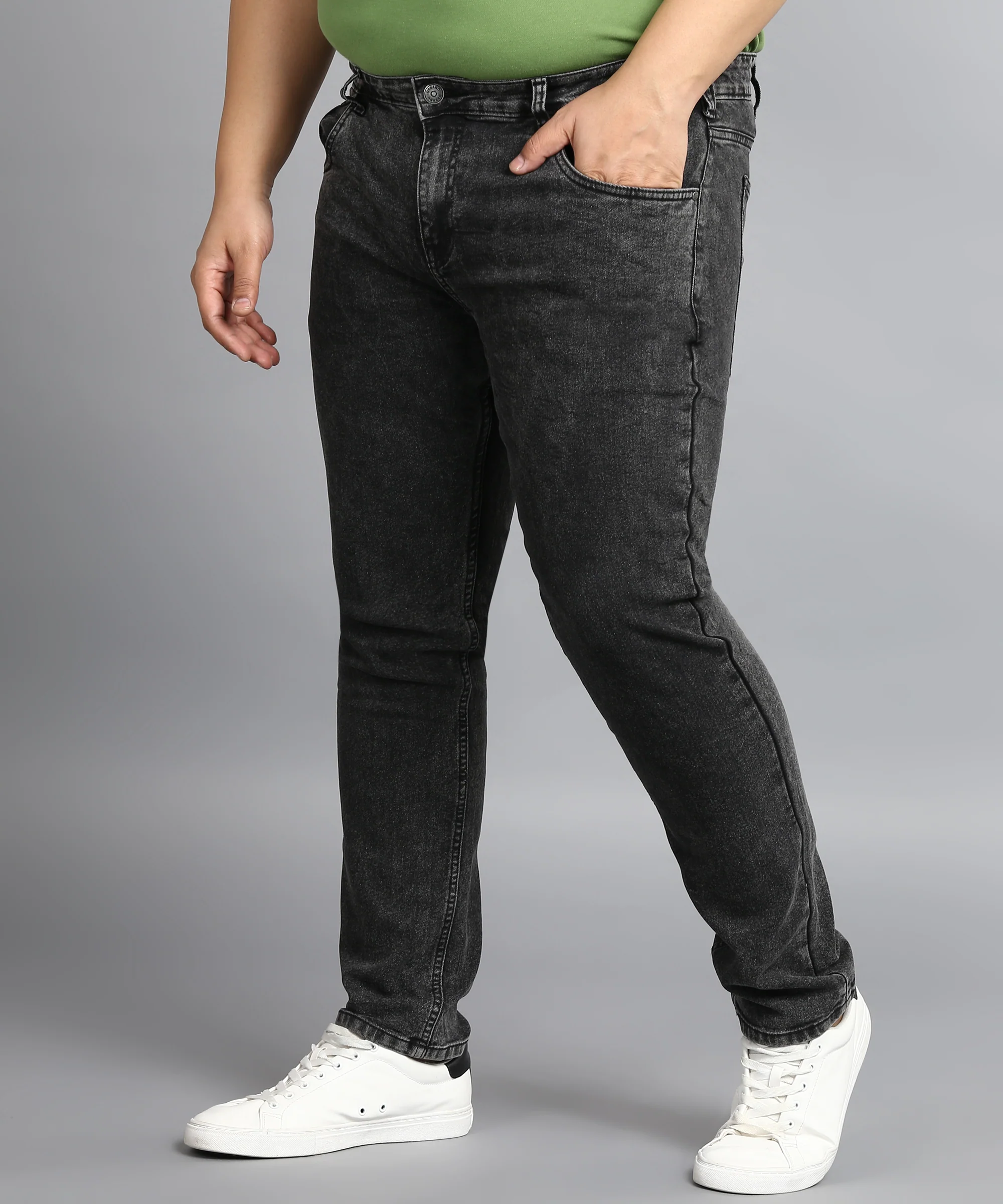 Plus Men's Carbon Grey Regular Fit Washed Jeans Stretchable - Image 2