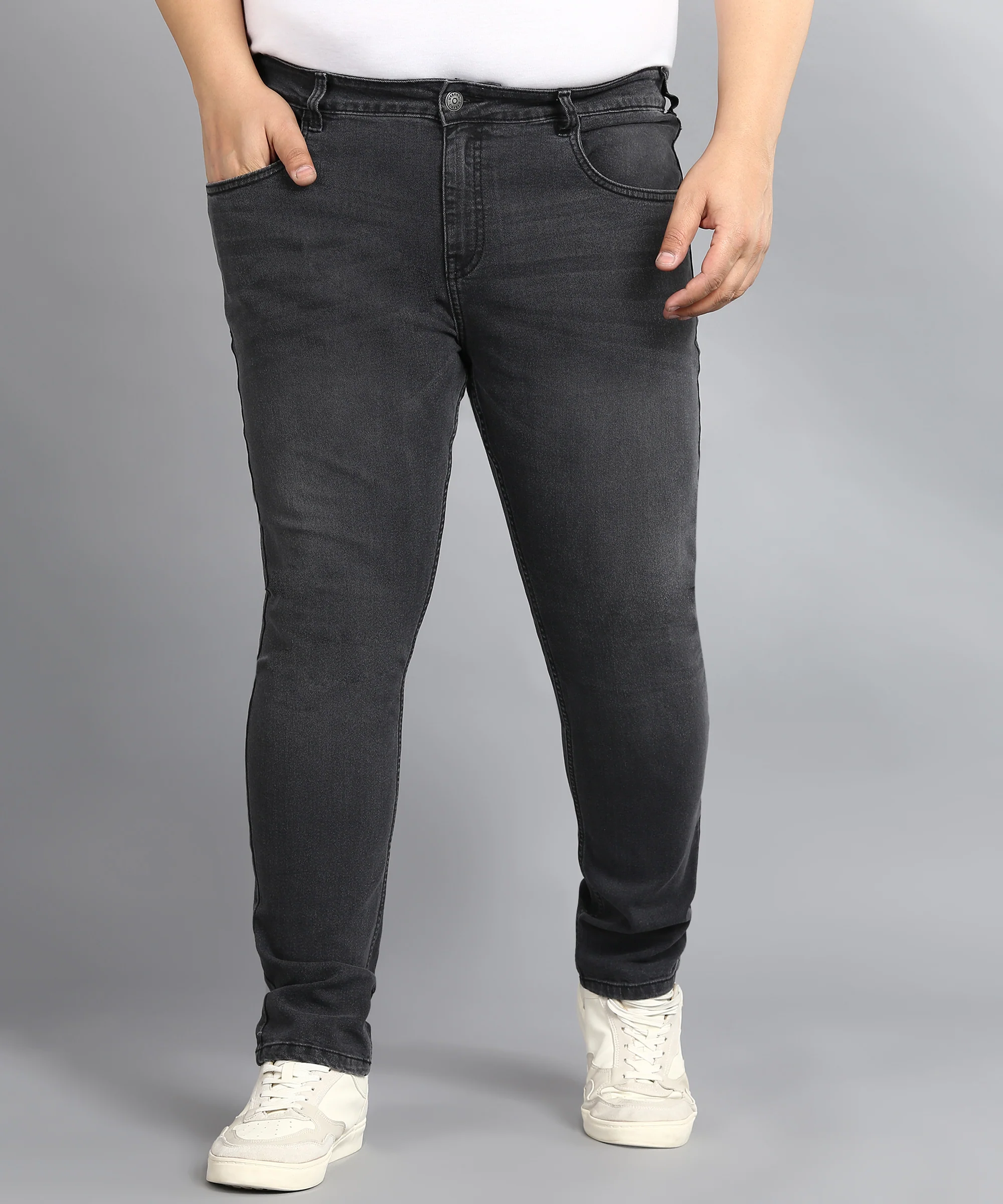 Plus Men's Carbon Grey Regular Fit Washed Jeans Stretchable