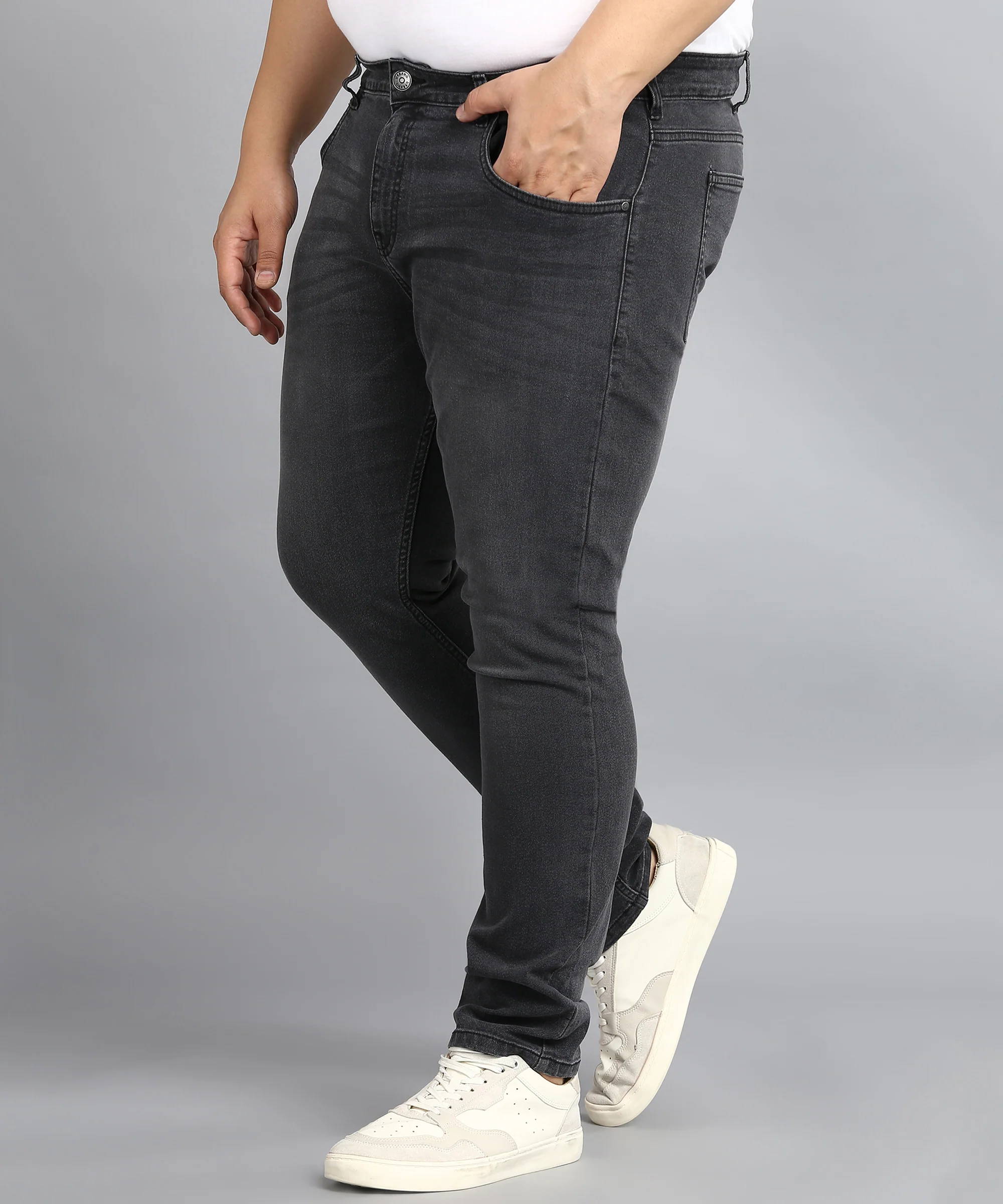 Plus Men's Carbon Grey Regular Fit Washed Jeans Stretchable - Image 2