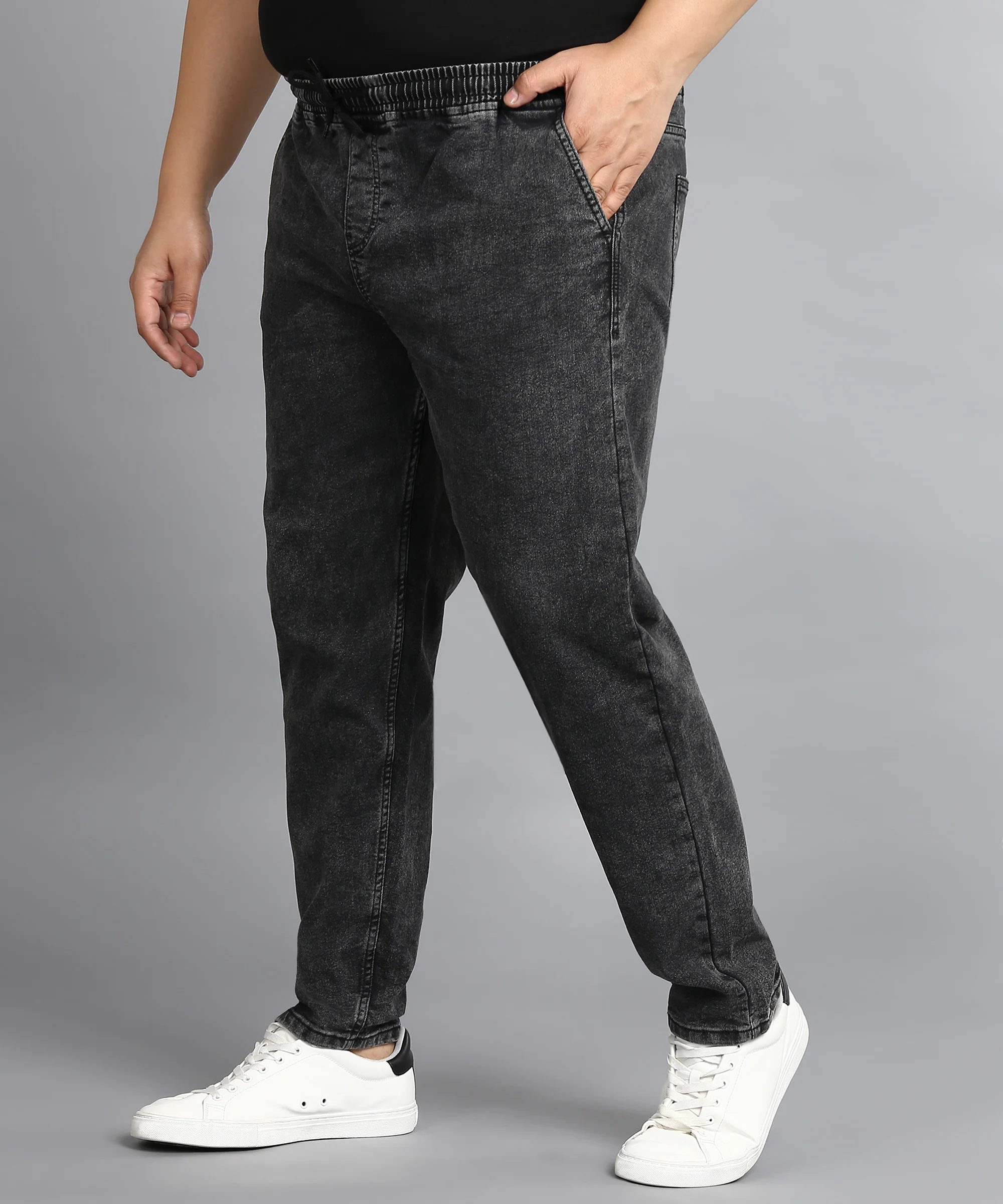 Plus Men's Charcoal Black Regular Fit Washed Jogger Jeans Stretchable - Image 2