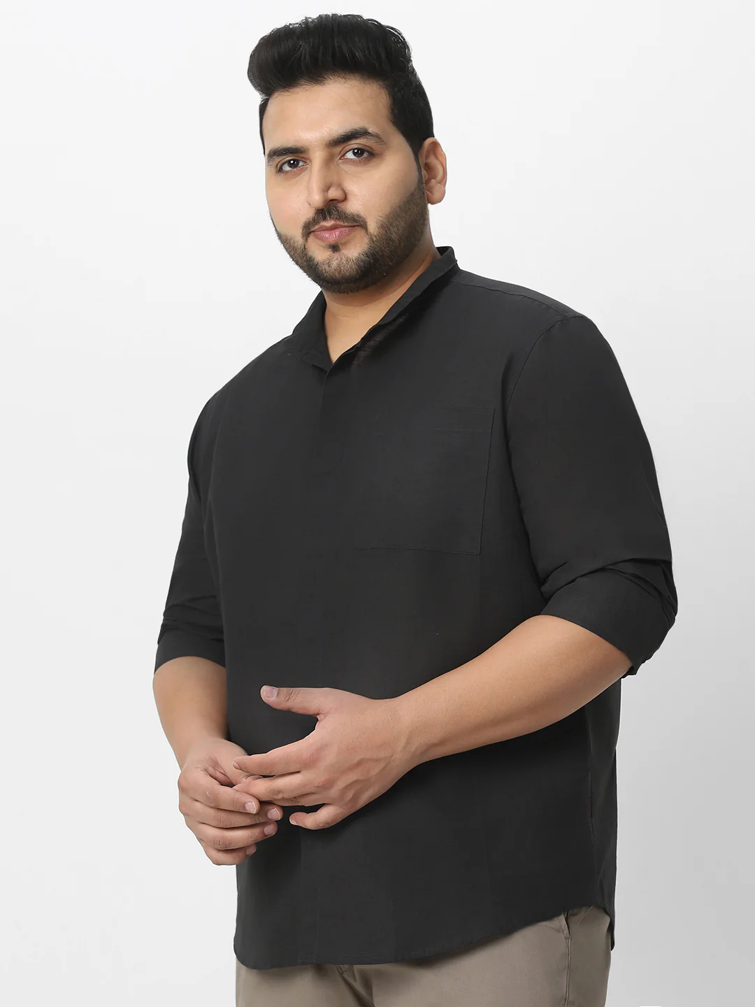 Men's Charcoal Cotton Full Sleeve Regular Fit Casual Solid Shirt with Band Collar - Image 3