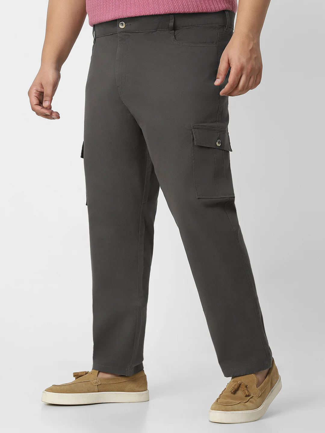 Plus Men's Charcoal Grey Regular Fit Solid Cargo Chino Pant with 6 Pockets Stretchable - Image 2