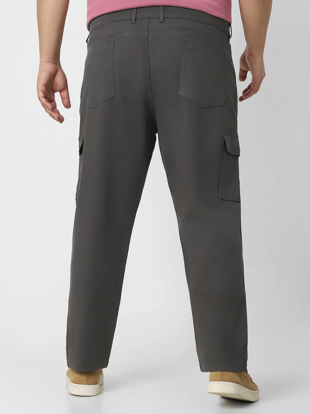 Plus Men's Charcoal Grey Regular Fit Solid Cargo Chino Pant with 6 Pockets Stretchable - Image 3