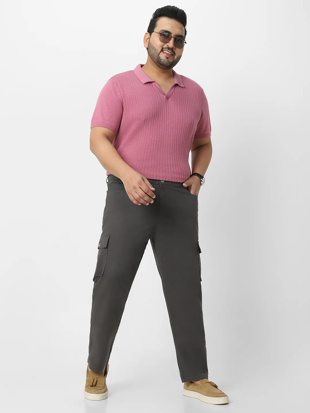 Plus Men's Charcoal Grey Regular Fit Solid Cargo Chino Pant with 6 Pockets Stretchable - Image 4