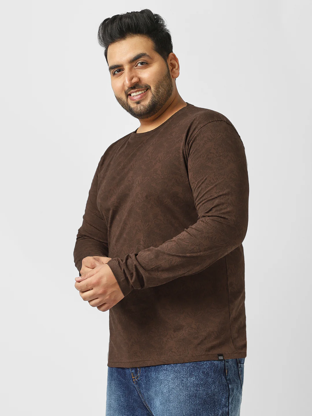 Plus Men's Chicory Coffee Printed Full Sleeve Regular Fit Cotton T-Shirt - Image 2