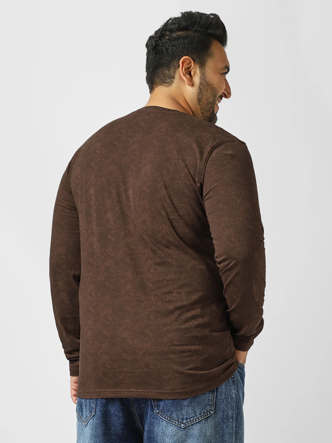 Plus Men's Chicory Coffee Printed Full Sleeve Regular Fit Cotton T-Shirt - Image 3