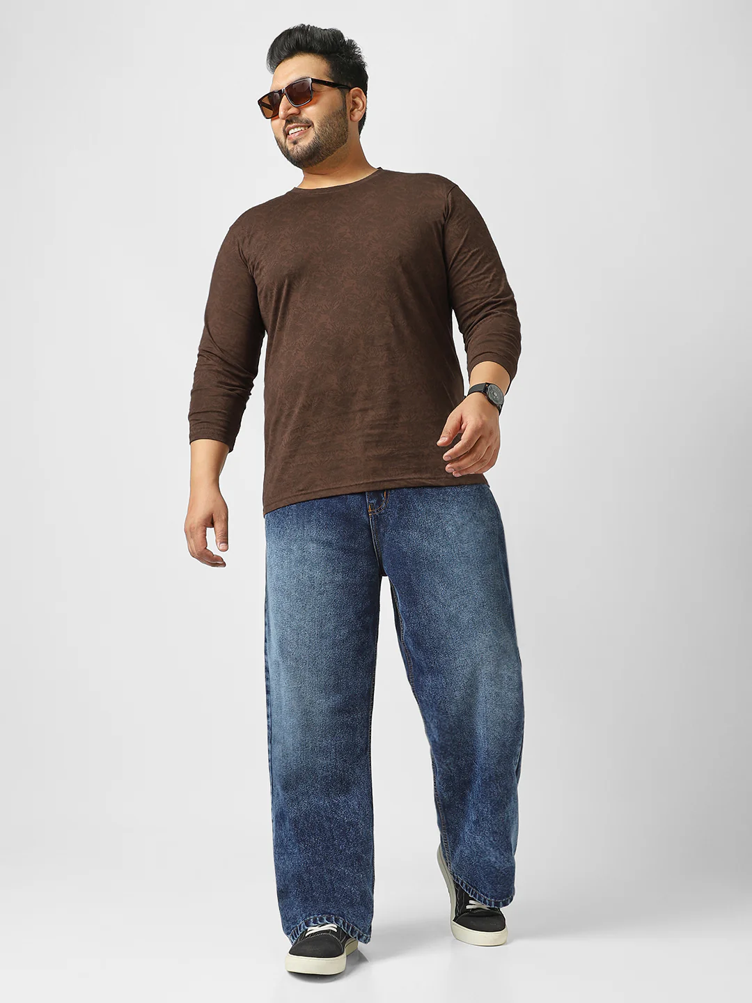 Plus Men's Chicory Coffee Printed Full Sleeve Regular Fit Cotton T-Shirt - Image 4