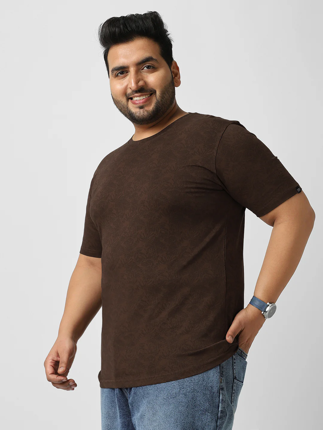 Plus Men's Chicory Coffee Printed Half Sleeve Regular Fit Cotton T-Shirt - Image 2
