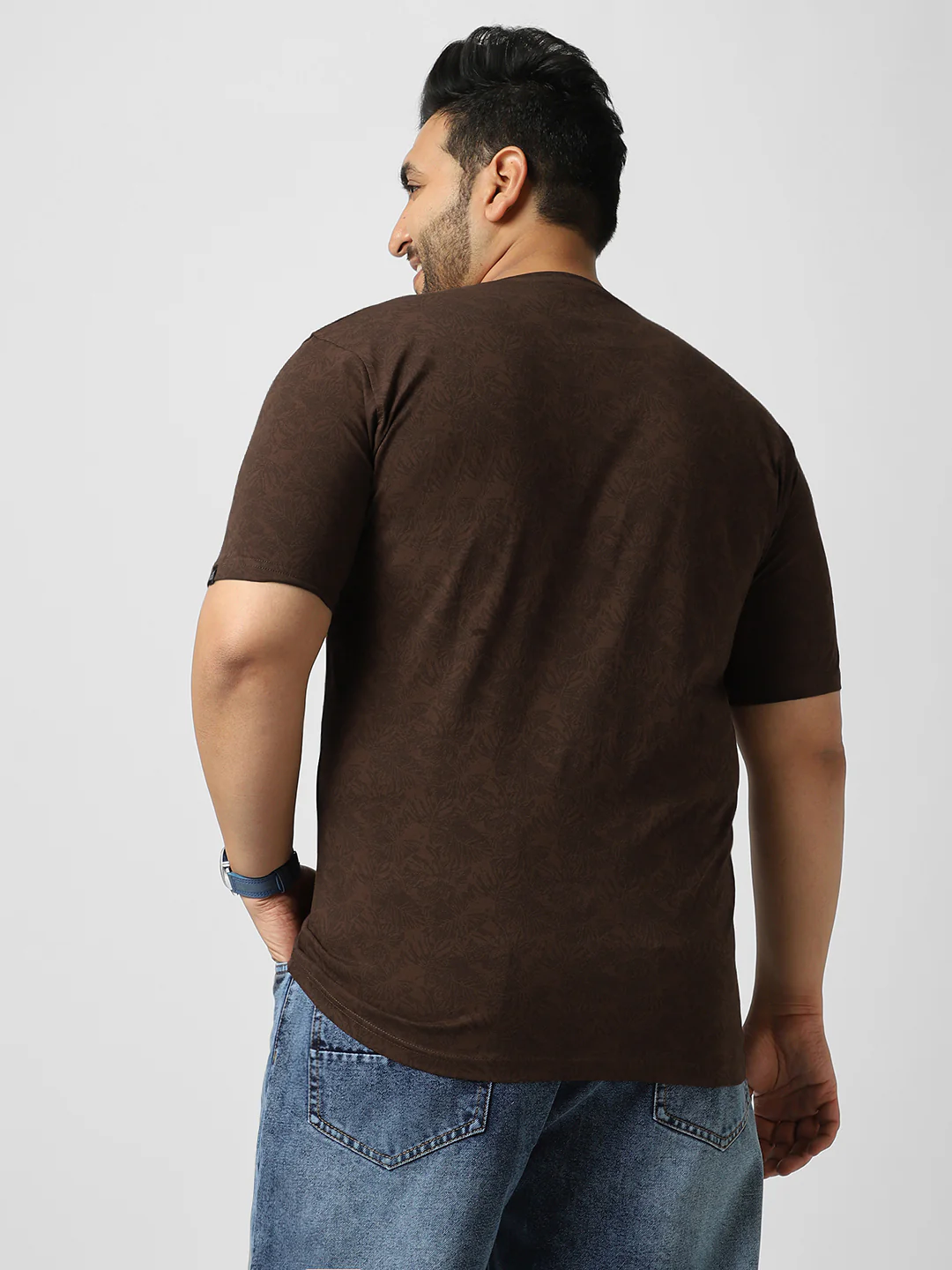 Plus Men's Chicory Coffee Printed Half Sleeve Regular Fit Cotton T-Shirt - Image 3