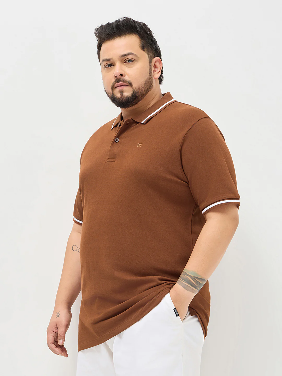 Plus Men's Chocolare Brown Solid Regular Fit Half Sleeve Cotton Polo T-Shirt - Image 2